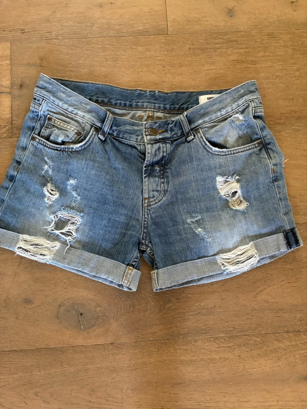 Anine Bing Medium Wash Distressed Rolled-Hem Denim Shorts medium